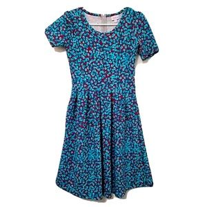 Lularoe Amelia Fit & Flare Ponte Dress Back Zip Pockets Floral Maroon Teal 6-8